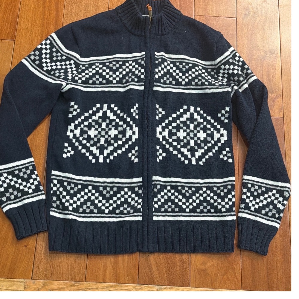 FRYE CO. Men's Navy Geometric Fair Isle Full Zip Mock Neck Sweater M